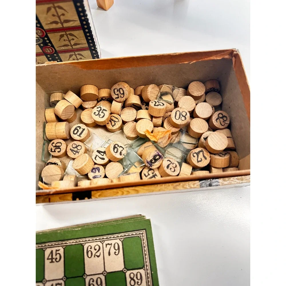 Vintage Loto Game Wooden Number Tokens Bingo Style Board Game Complete